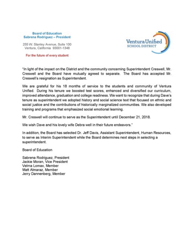 A message from The Board of Education about the future of Ventura Unified's Superintendent position. 