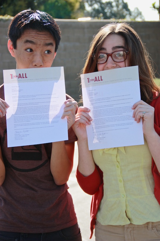 Sophomore Aysen Tan and junior Molly Roberts each won a $5,000 scholarship for their projects about the First Amendment. Credit: Bethany Fankhauser/The Foothill Dragon Press