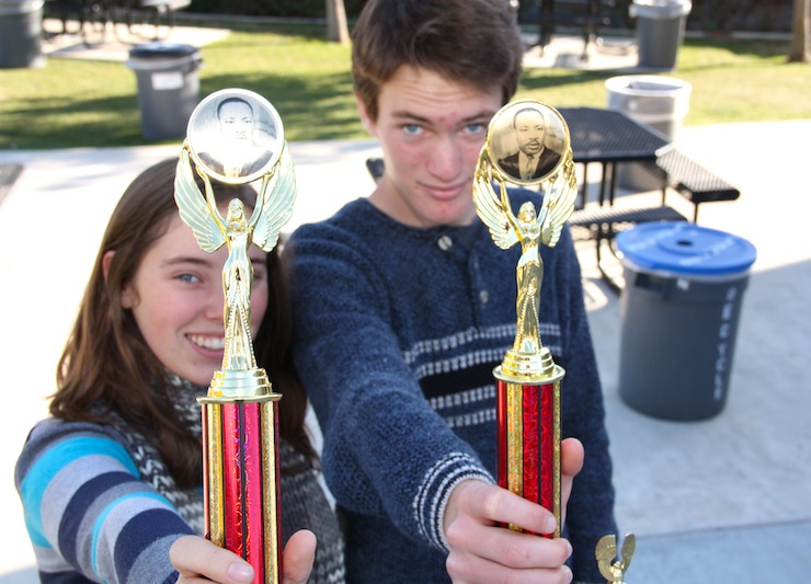Senior Anaika Miller and junior Luke Ballmer show off the quarterfinal trophies they received at a debate tournament last weekend. Credit: Felicia Perez/The Foothill Dragon Press. 