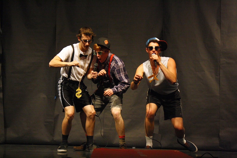 Seniors Trevor Kirby, Greg Oyan and Henry Ashworth performed a parody of the song "Sexy and I Know It" called "Nerdy and I Know It." Credit: Aysen Tan/The Foothill Dragon Press.