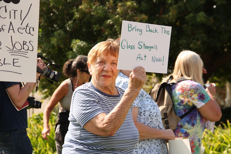 Betty Sherman, 91, stood downtown at Occupy Ventura today to show her support for people taking action against 