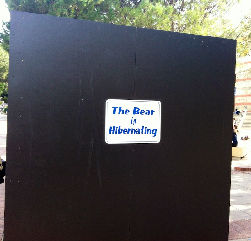 UCLA's Bruin statue "goes into hibernation" beneath this black box to avoid potential USC pranks during Rivalry Week. UCLA students often camp out overnight to provide extra protection for the statue. Credit: Anaika Miller.