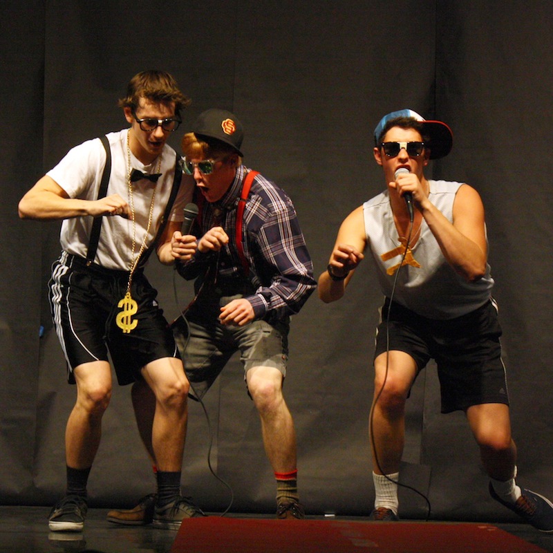 Class of 2012 alumni Trevor Kirby, Greg Oyan, and Henry Ashworth participating in last year's Mr. Foothill competition. Credit: Aysen Tan/The Foothill Dragon Press