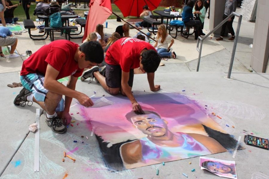 (From Left to Right) Seniors Michael Morales and Diego created a portrait of Chance the Rapper along with the rest of their group. Credit: Maddy Schmitt/The Foothill Dragon Press