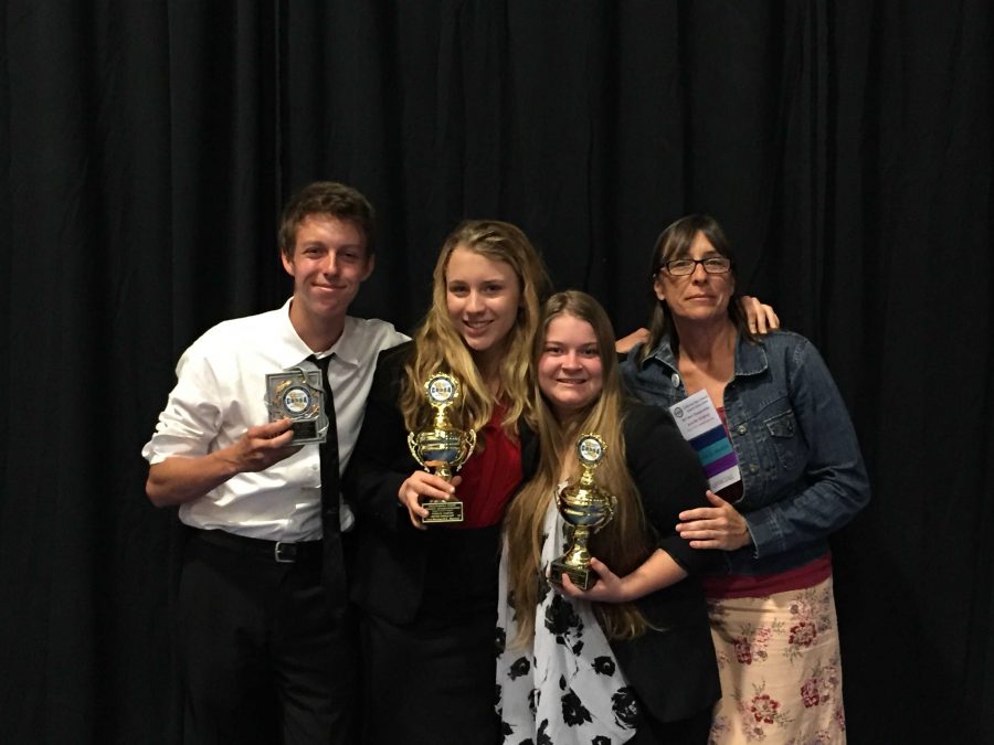 (From left to right) Senior Ben Limpich, junior Fidelity Ballmer, junior Khaila Hartung-Dallas and Speech and Debate coach Jennifer Kindred all went to the state tournament at Murrieta High School. Photo courtesy of Jennifer Kindred.
