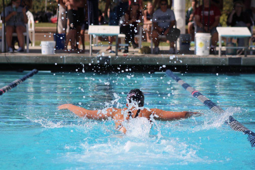 A swimmer racing towards the finish line. Credit: Kazu Koba/The Foothill Dragon press