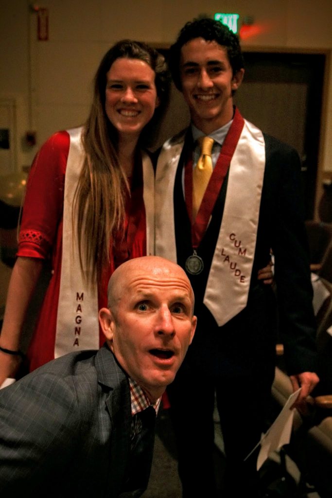 Annie Sinclair (left) and Evan Askar (right) with History teacher Dan FitzPatrick (center). Credit: Joel Mayorga/The Foothill Dragon Press