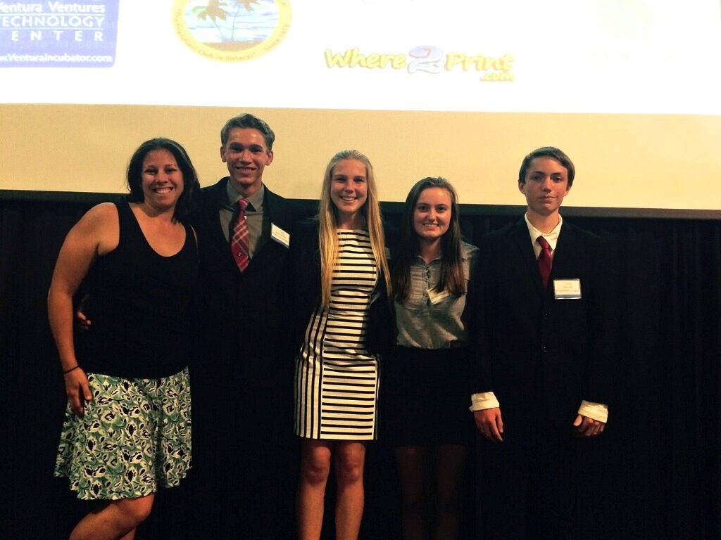 (From left to right) BioScience director Darcy Duffy, sophomore Torin Hill,  sophomore Alyssa Elliott, sophomore Carrie Coonan and sophomore Torin Hill all were excited about the group's success with "BPA Away." Credit: Leslie Somma  (Used with permission)