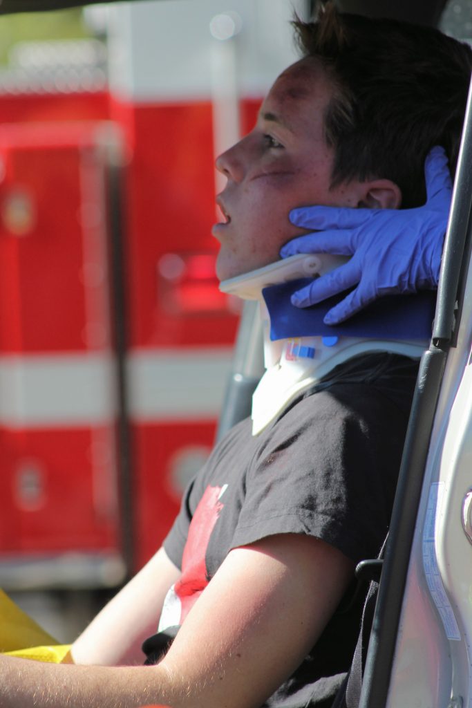 Senior Michael Vaughan, who portrayed the driver that received minor injuries during the simulation, said that the experience was "a lot more realistic" than he expected it to be. Credit: Rachel Horiuchi/The Foothill Dragon Press 