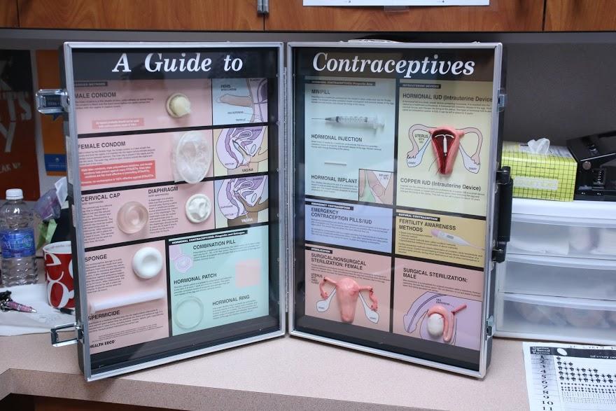 Campus Nurse Mary Johnson uses A Guide to Contraceptives to teach Foothill students about ways to prevent pregnancy and STDs. Credit: Grace Carey/The Foothill Dragon Press