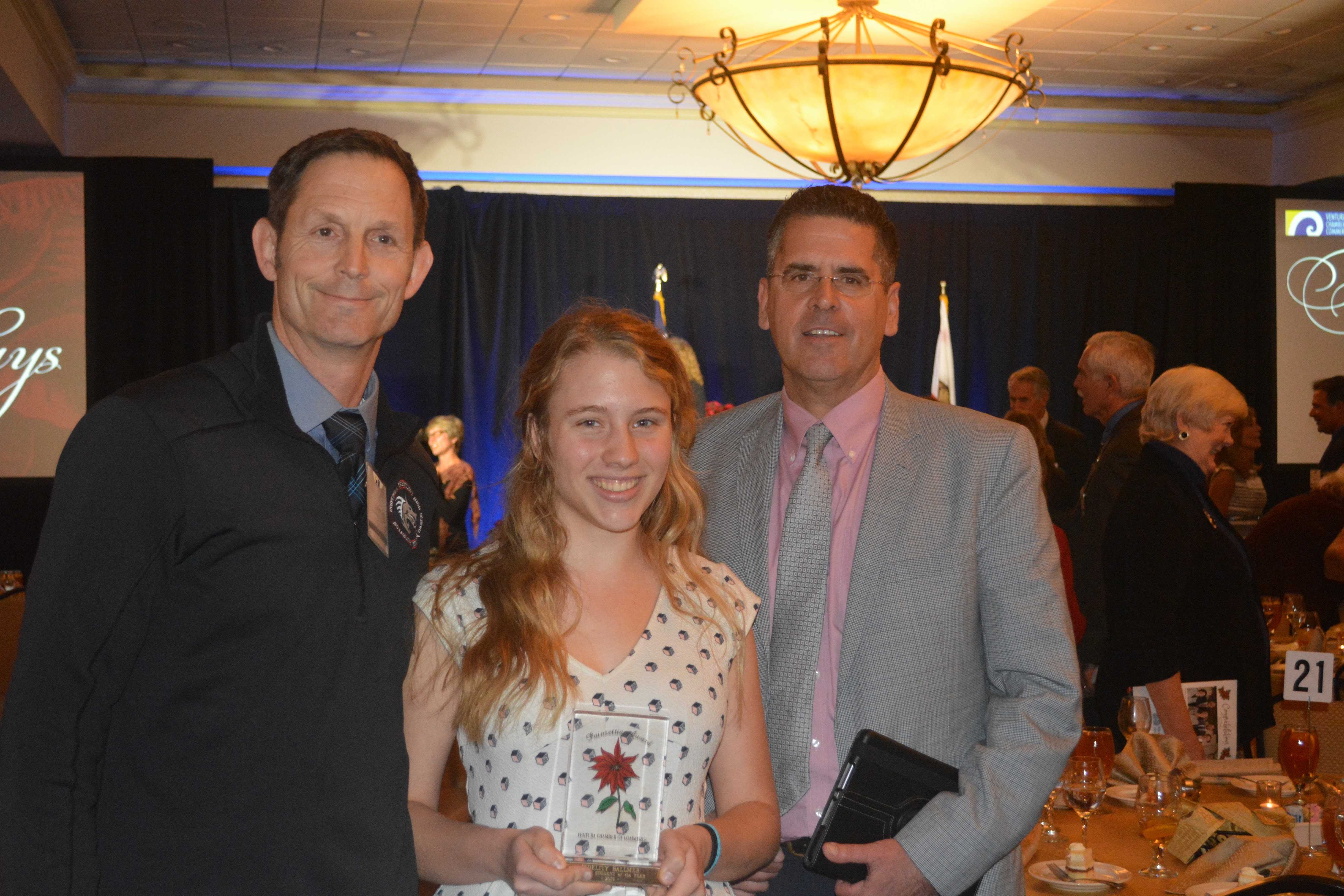 Foothill Technology High School Principal Joe Bova and Ventura Unified School District Superintendent Dr. Michael Babb pose with Female Student of the Year Award winner Fidelity Ballmer. Credit: Bella Bobrow/The Foothill Dragon Press.
