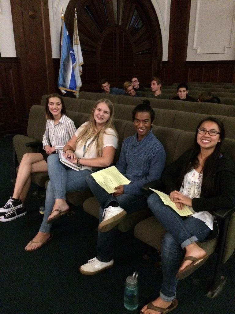 ASB President Courtney Corbett, left, sits with her peers prior to speaking at the School Board meeting. Credit: Cherie Eulau (used with permission).