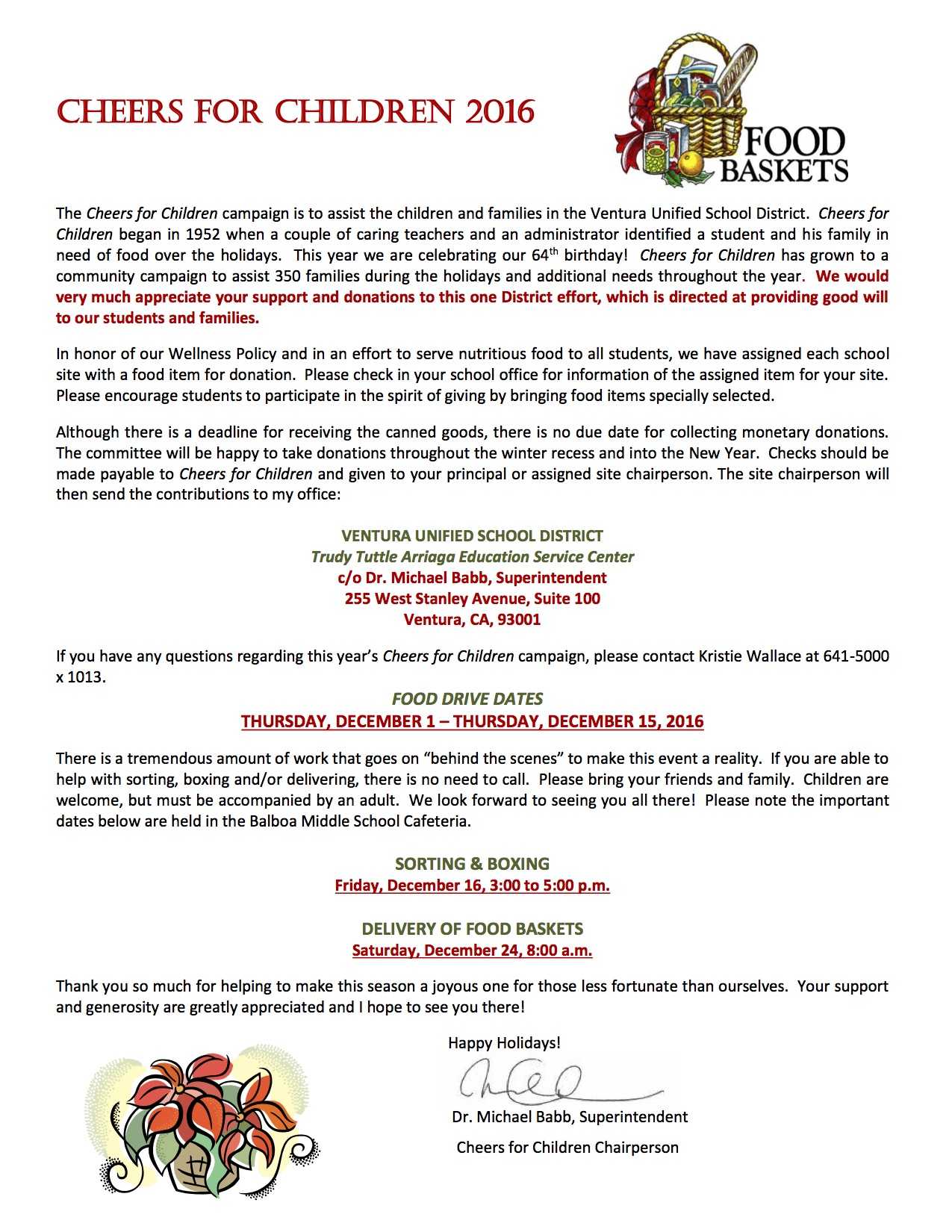 Ventura Unified's official flyer for this year's Cheers for Children food drive.