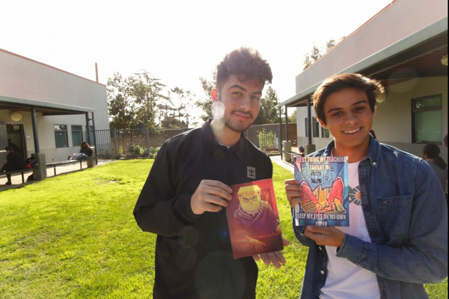 Nick Gozinez 18 (left) and Andrew Shoup 18 pose with memes they like. Credit: Grayson McCoy / The Foothill Dragon Press