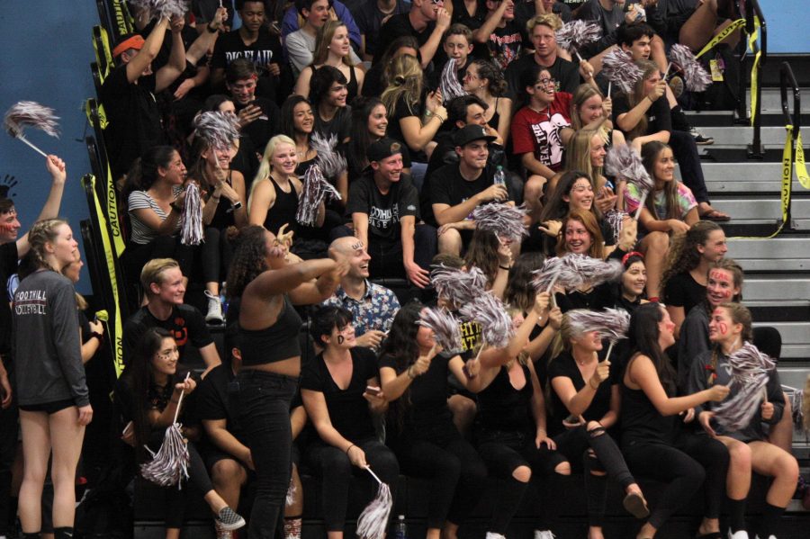 The spirit section sheers on girls volleyball in their match against St. Bonaventure. Credit: Jason Messner / The Foothill Dragon Press