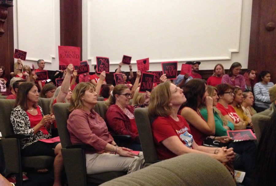 Many teachers gathered at the School Board on Oct. 10, 2017 to voice their concerns over the negotiations. Credit: Emily van Deinse / The Foothill Dragon Press