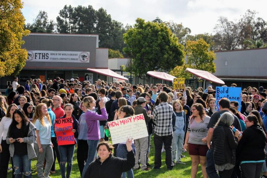 Multiple students made signs in protest of current gun legislation and to raise awareness during the 17 minute walkout. 
Credit: Gabrialla Cockerell / The Foothill Dragon Press