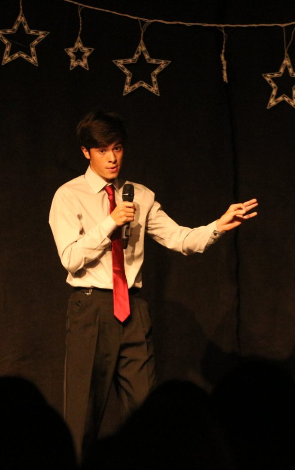 Daniel Guzman '18 performs his impressions of President Donald Trump and science teacher John Weldele. Credit: Jason Messner / The Foothill Dragon Press