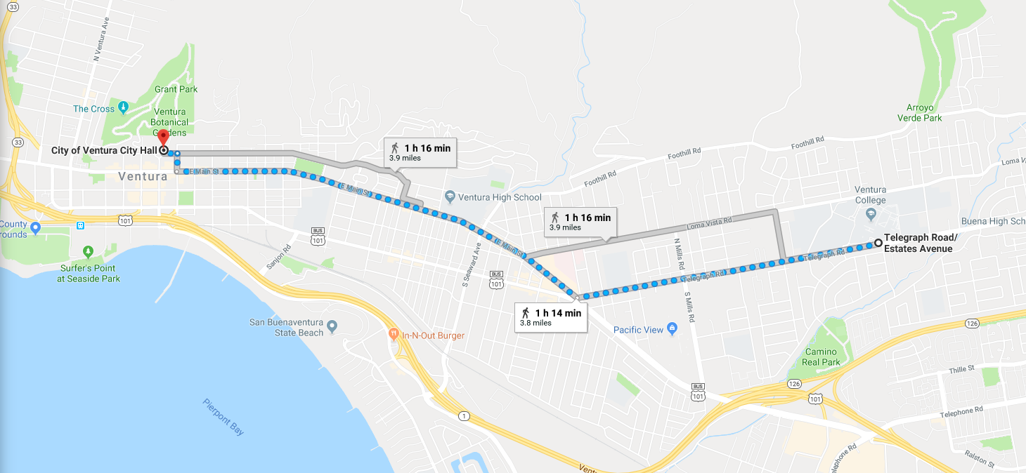 The 3.8 mile route that the student marchers took from Ventura College to City Hall is highlighted in blue. Credit: Jocelyn Brossia / The Foothill Dragon press