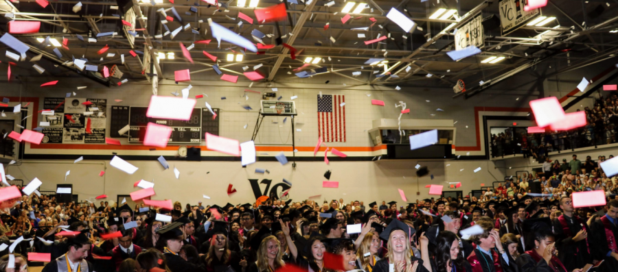 Confetti falls on the graduates to conclude the graduation ceremony. Credit: Olivia Sanford / The Foothill Dragon Press