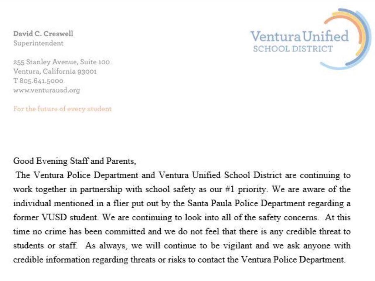 BREAKING NEWS: District, Ventura Police Department address potential threat to VUSD schools