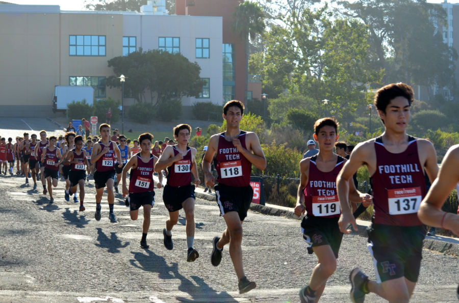 The Foothill boys warm up before the start of the three mile race. Credit: Jill Kinnaman (used with permission)