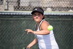 Erin Gaynor 19, mid forehand swing.
Credit: Gabrialla Cockerell / The Foothill Dragon Press