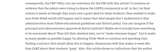 Comment reads “Why ruin my reverence for the FDP with this article? It contains no evidence that the admin were trying to shame the LGBTQ community at all. In fact, by their actions it seems as though they must care a great deal for these students.”