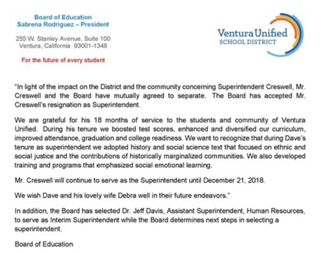 A message from The Board of Education about the future of Ventura Unifieds Superintendent position.