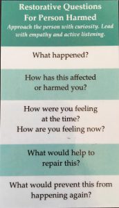 These cards were distributed to attendees to assist in the restorative justice process. Credit: Noelle Hayward / The Foothill Dragon Press