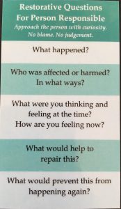 These cards were distributed to attendees to assist in the restorative justice process. Credit: Noelle Hayward / The Foothill Dragon Press