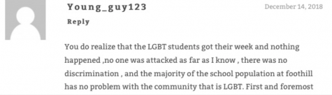 Comment reads “You do realize that the LGBT students got their week and nothing happened, no one was attacked as far as I know, and the majority of the school population at Foothill has no problem with the community that is LGBT. Next sentence is cut off. 