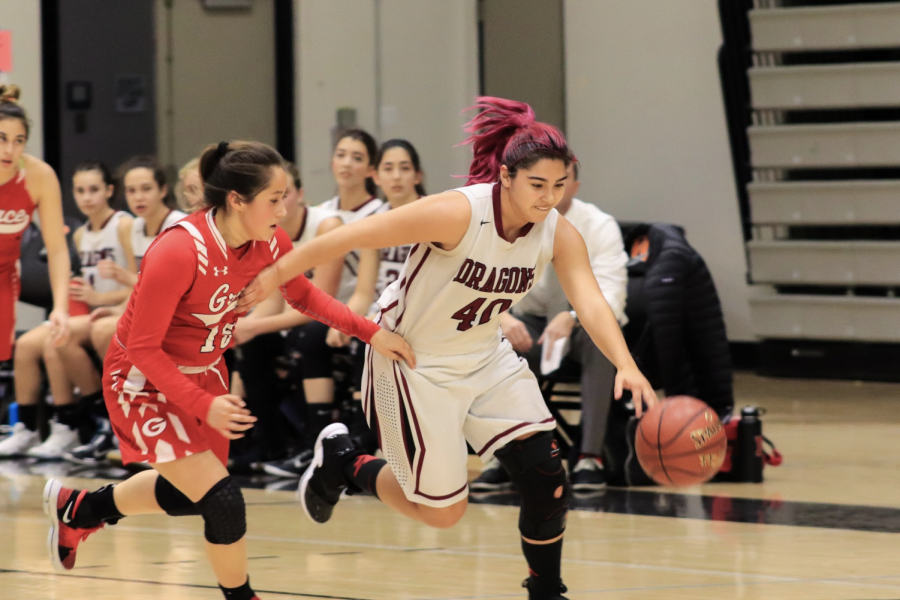 Cydnie Gutierrez blows by Grace Brethren player Kayla Hernandez 19. Credit: Claire Renar / The Foothill Dragon Press