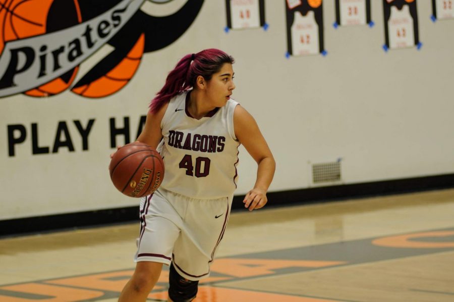 Cydnie Gutierrez 19 dribbles the ball. 