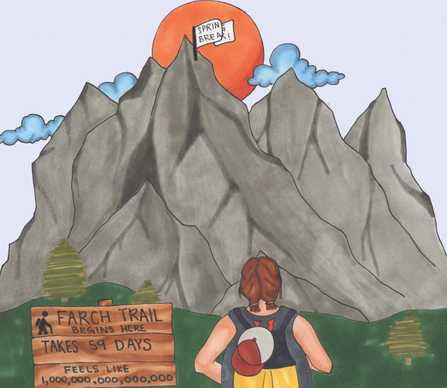 Cartoonist Jordyn Savard believes that for her and many others, Farch is a never ending mountain trail that seems to last forever—that is until we find ourselves at the top of the mountain entering spring break.