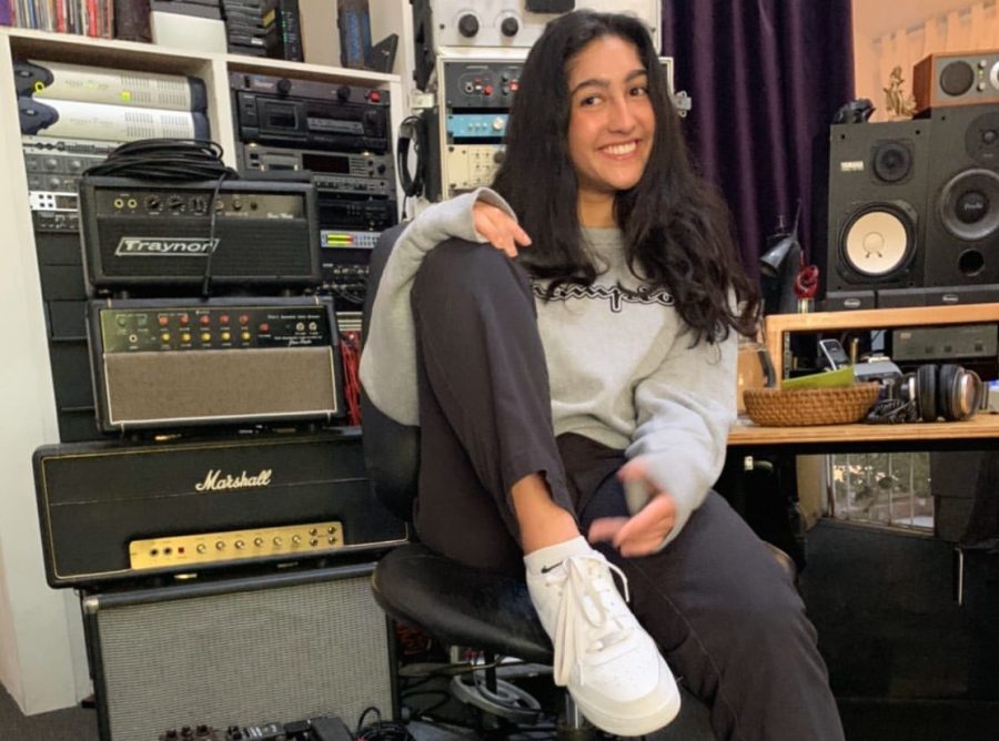 Ella Oliveras 22 in the studio working on her next song (image by Ramtin Noury, used with permission).