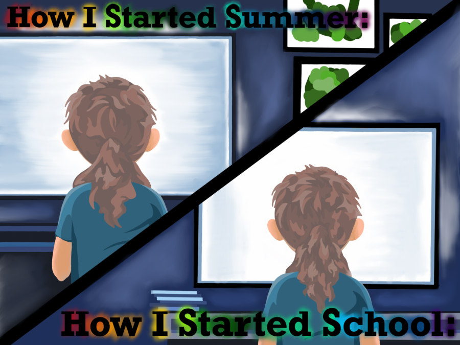 Illustrator Kaelyn Savard points out the similarities between how many students spent their summer break and how they just started school: staring at a computer screen.
