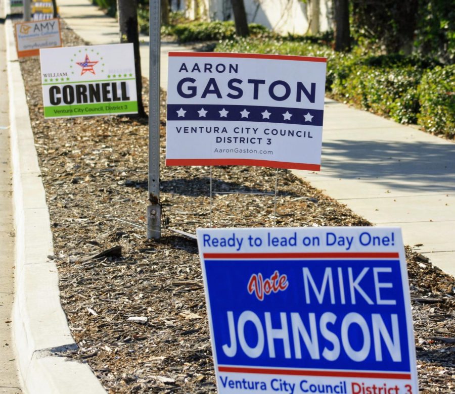 Signs placed around Ventura advertise people like Mike Johnson, Aaron Gaston and William Cornell who are running for Ventura City Council.