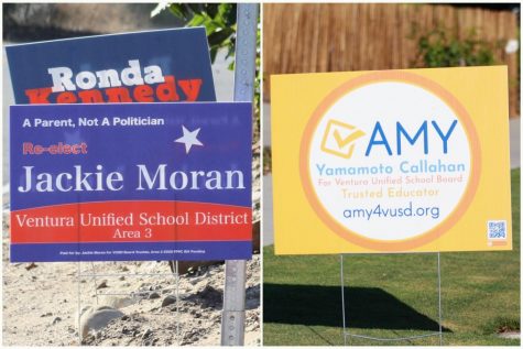 Competing Ventura Unified School Board candidates Jackie Moran and Amy Yamamoto Callahan campaign for votes with their signs around Ventura.