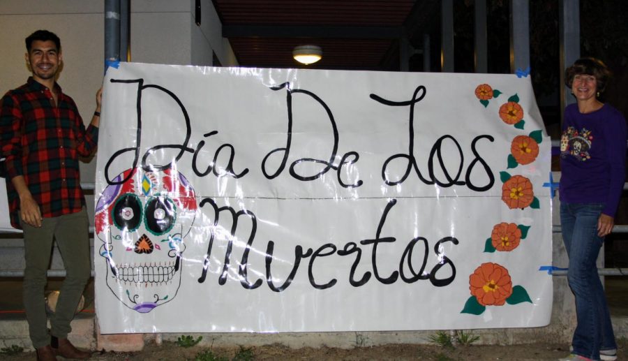 Profe Ortiz and Mrs. Eulau present the Dia De Los Muertos celebration to the school.