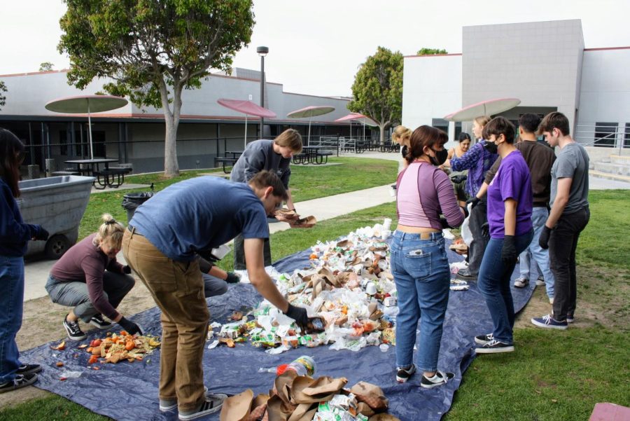 During class time, a crowd of science students dump out trash cans in the quad and begin sorting through the rubbish.
