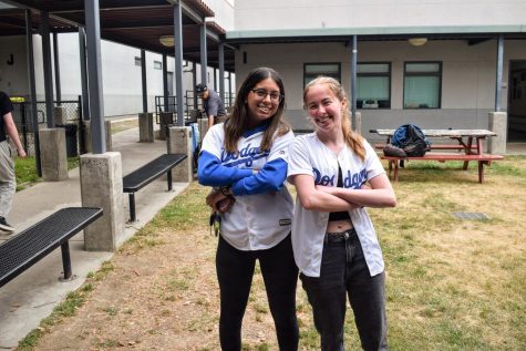 Foothill Tech juniors Kylie Rodriguez and Anna Nelles show off their favorite sports teams on Jersey vs. Jersey Shore day.