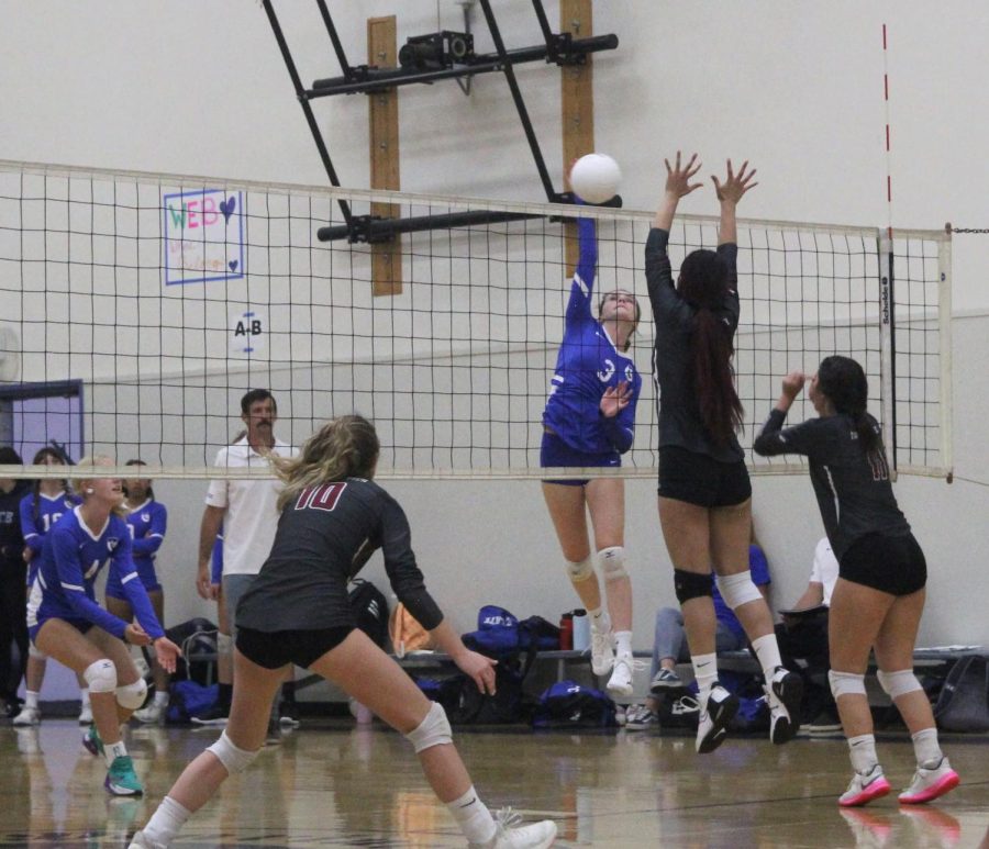 Alia Guerrero 23 (number three) soars into the air, deflecting Cates attempted strike and sending it back over the net in an effort to score. 
