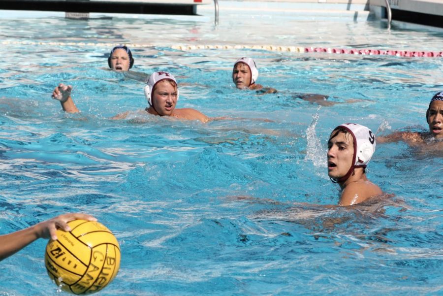The boys water polo team fights through exhaustion while treading water for a majority of the game. They are captured here competing with Buena High School, a game in which they played vigorously.
