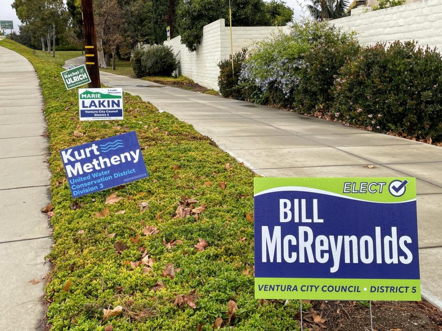 While driving down Kimball Road, more colorful signs are spread throughout the grass showcasing some of the many people running for Ventura City Council and other various offices throughout Ventura. Two different candidates who are both running to be the representative of District 5 on Ventura City Council, Bill McReynolds and Marie Lakin, have signs placed close to each other, causing voters to wonder which candidate they should vote for.