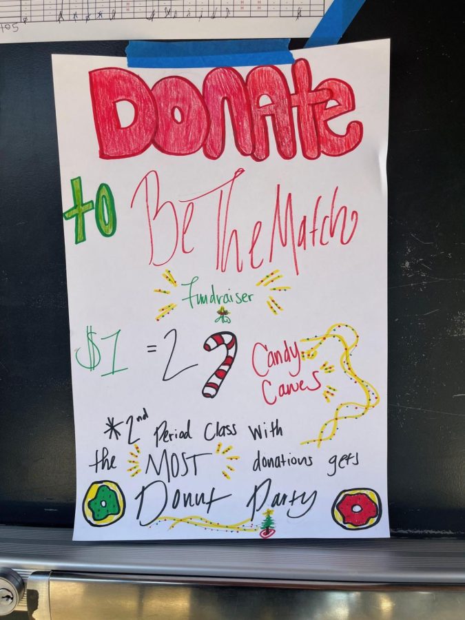 Colorful posters decorate science classrooms, enticing students to donate to the Bioscience Academy fundraiser. Students pay $1 for two candy canes, in hopes of helping those in need and winning donuts for the second period class that raises the most money. 