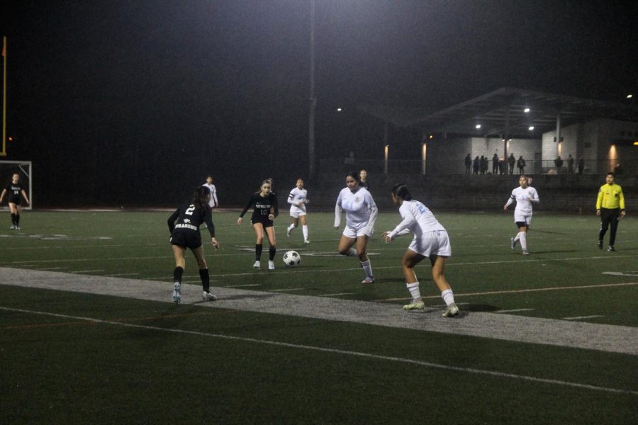 Foothill Tech players attempt to attack the ball and try to move up the field for an opportunity to score a goal.