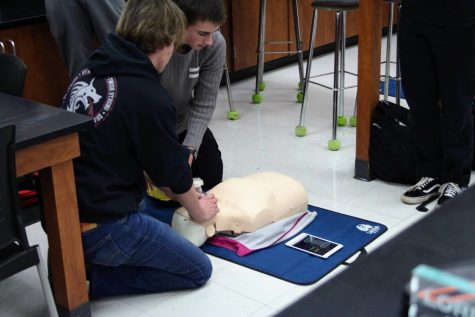 A BioScience student demonstrates how to perform CPR on a mannequin to underclassman interested in health sciences. 