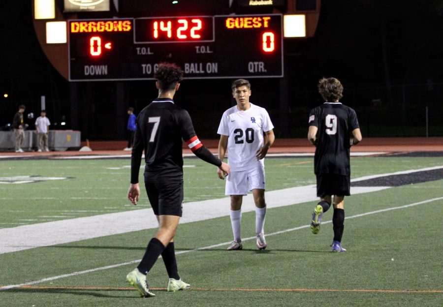 As time ticks down in the first half, Mazen Alwarhani 23 (number 7) contemplates on how the Dragons take the upper hand of the game and score. The Dragons manage to make a few adjustments and score a goal in the second half. Sadly, they fall short in their CIF playoff run with a score of 3-1 against Diamond Ranch (Pomona, CA).