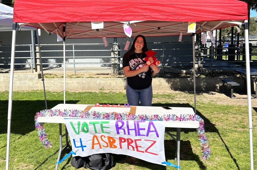Future+ASB+President+Rhea+Gill+25+invites+students+to+vote+for+her+at+the+candidate+faire+on+Feb.+8%2C+2023+with+a+sign+that+reads+Vote+Rhea+4+ASB+Prez.